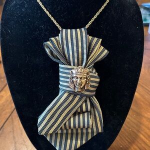 Vintage silk Striped Tie Pendant Necklace featuring pharaoh, brass brooch